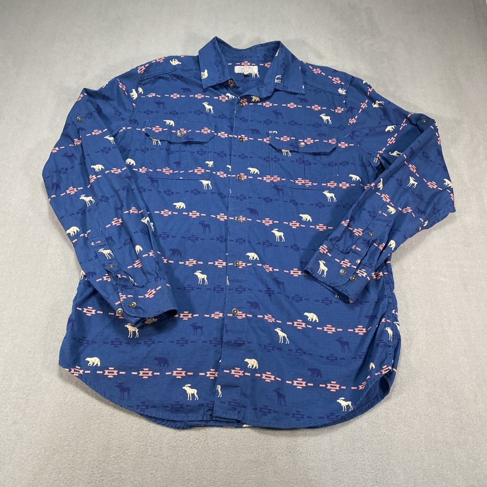 Ocean Coast Mens Button Down Shirt Medium Blue Critter Print Cabincore Outdoorsy